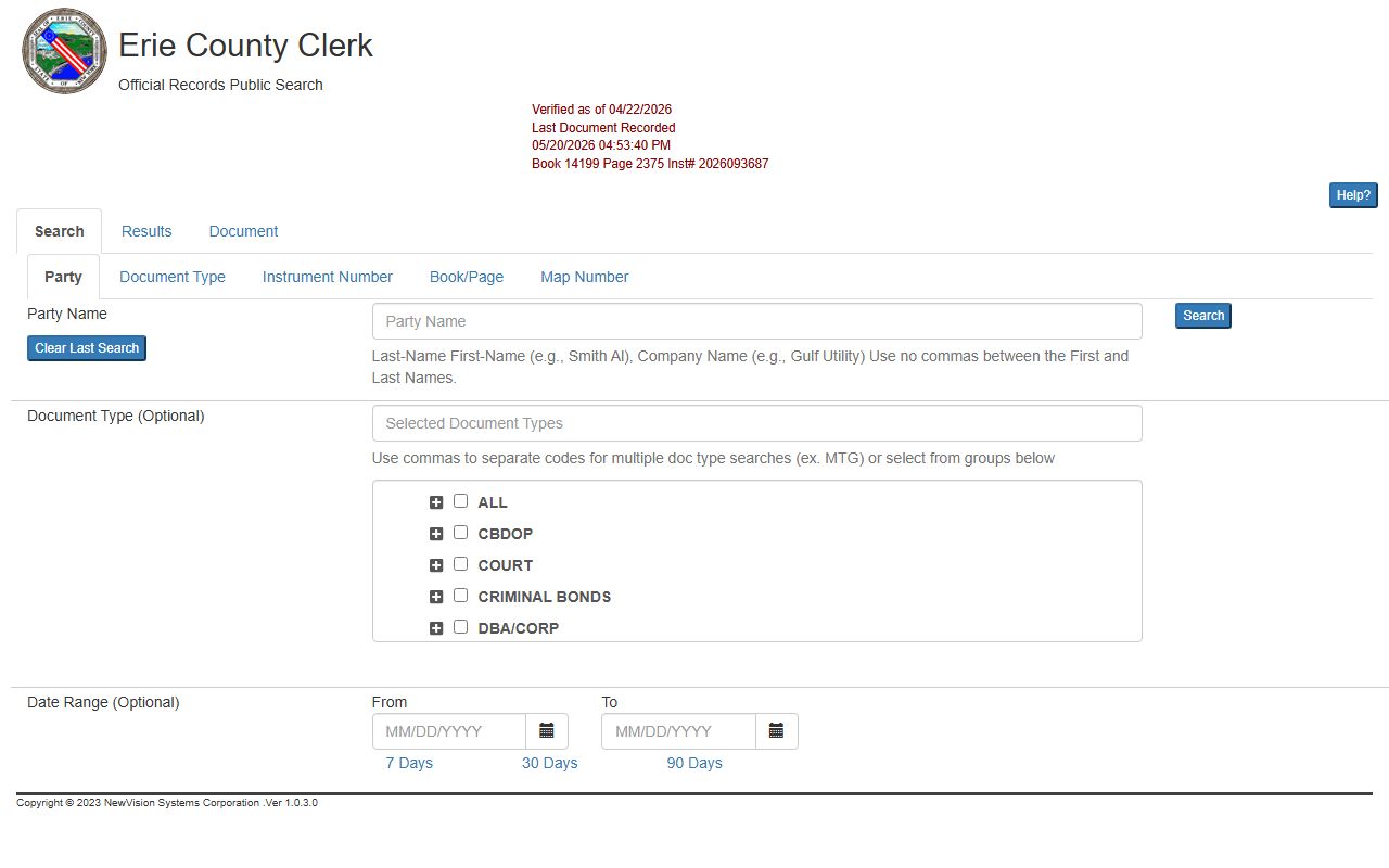 Erie County Clerk BrowserView record search interface for Erie County Court records