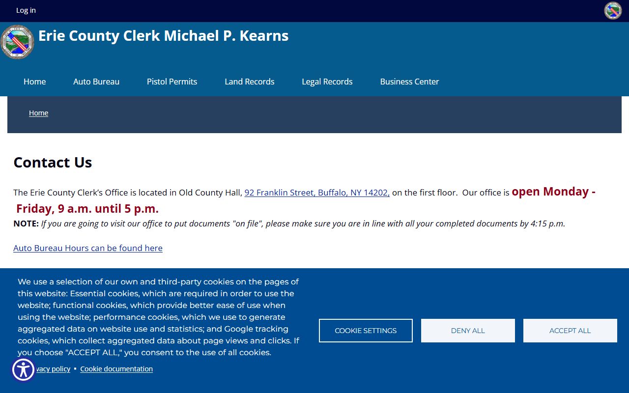 Erie County Clerk contact page with office hours, phone routing, and Erie County Court record contacts