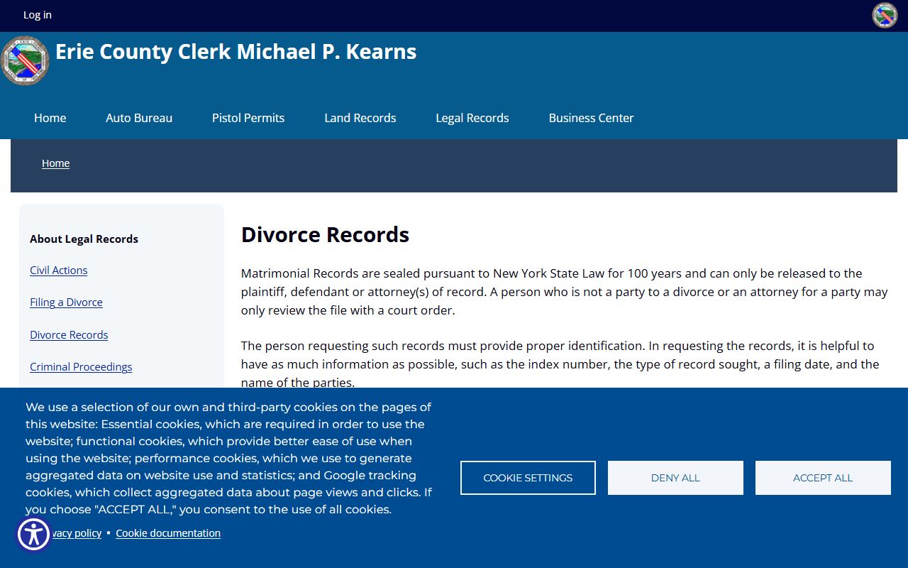 Erie County Clerk sealed matrimonial divorce records page with search charges