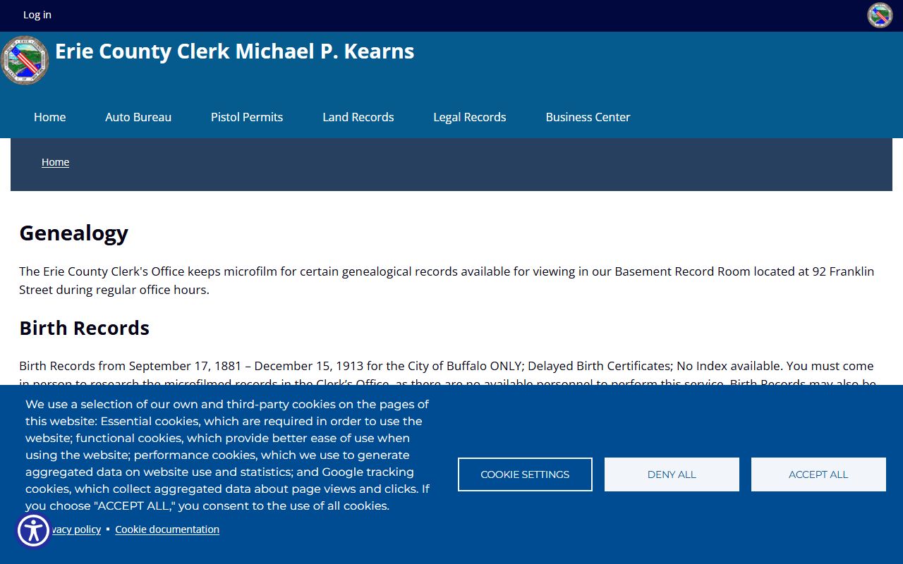 Erie County Clerk genealogy and historical records page for marriages, deeds, naturalization, and Erie County Court records