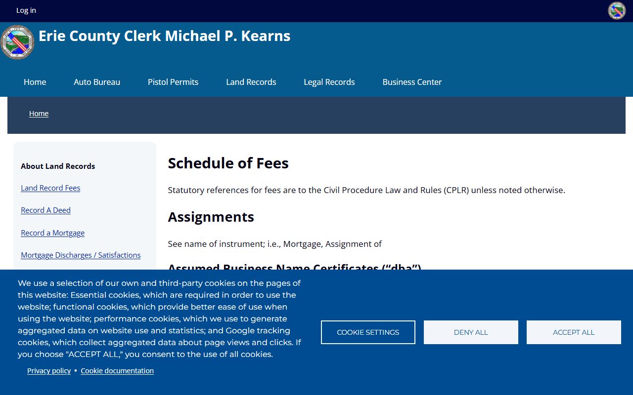 Erie County Clerk fee schedule for copies, certificates, searches, and court records