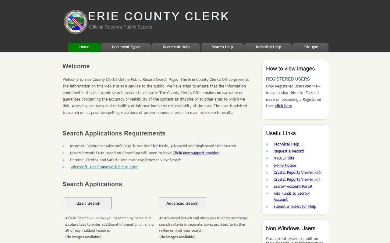 Erie County Clerk Official Records Public Search portal landing page for Erie County court records