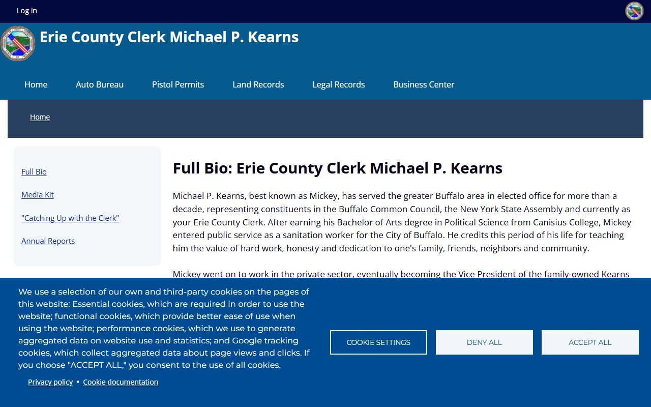 Official bio of Erie County Clerk Michael P. Kearns who oversees Erie County Clerk records
