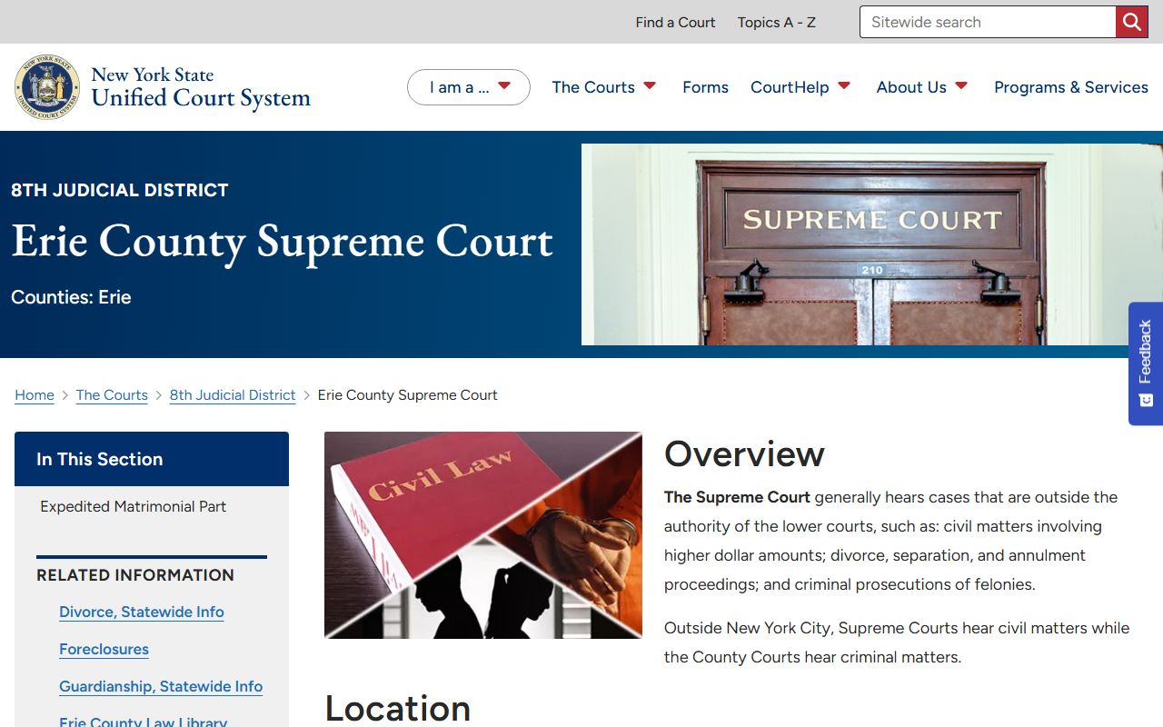 Erie County Supreme Court official page with location, hours, and justices