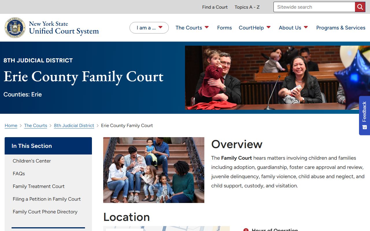 Erie County Family Court official page with departments and judges near the Supreme Court