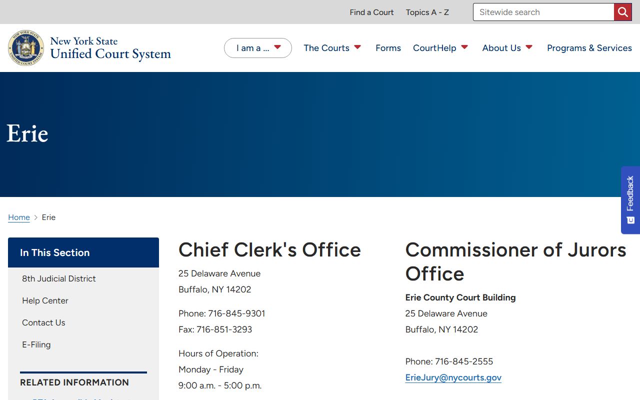 New York Courts Erie County landing page for Erie County Supreme Court records