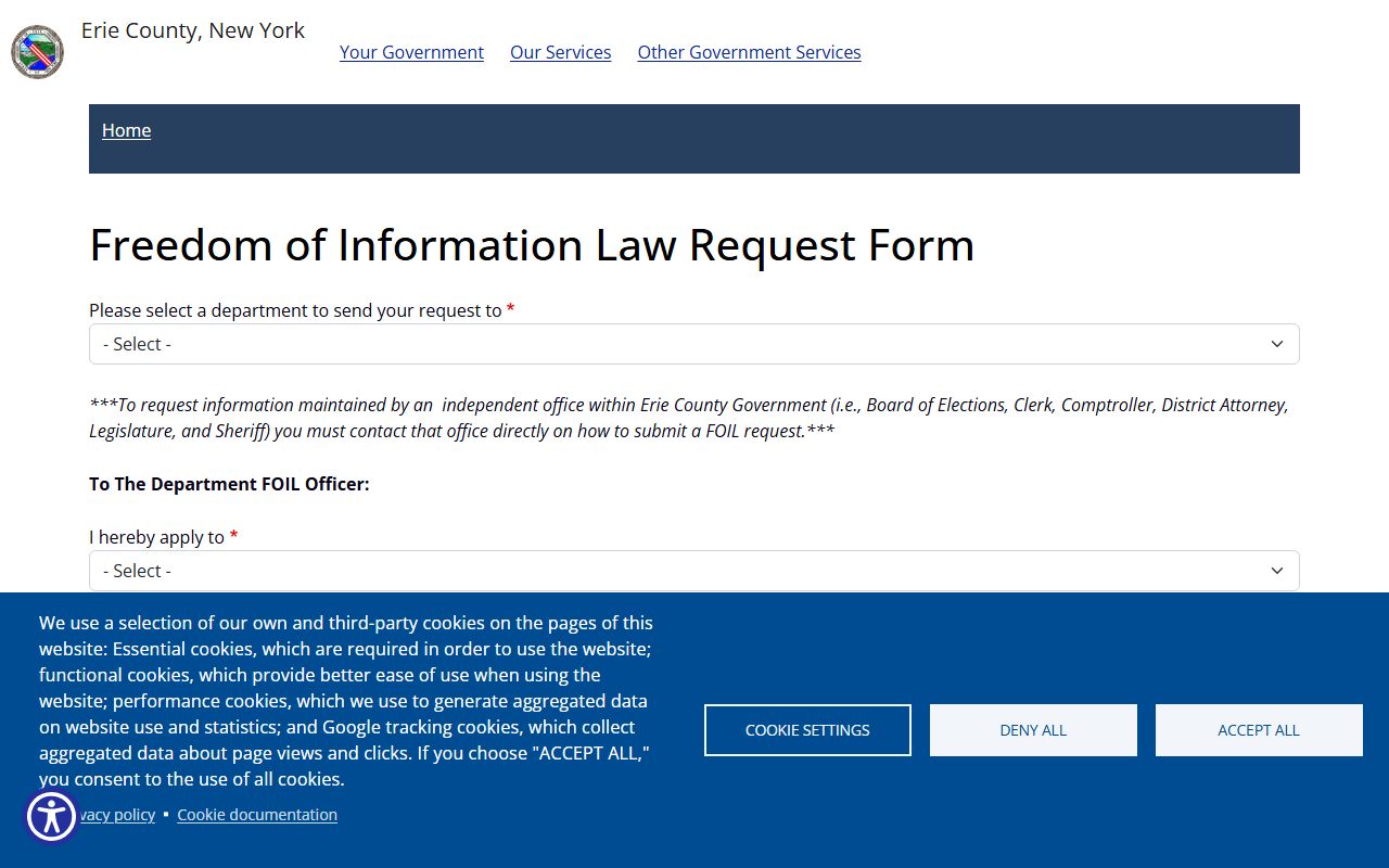 Erie County web FOIL request form for Erie County public records