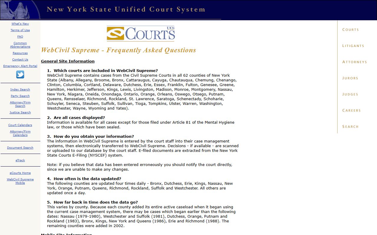 WebCivil Supreme FAQ for Erie County court records search behavior