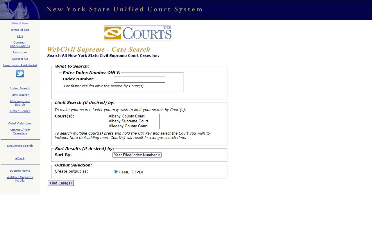 WebCivil Supreme search page for New York Erie County Court records
