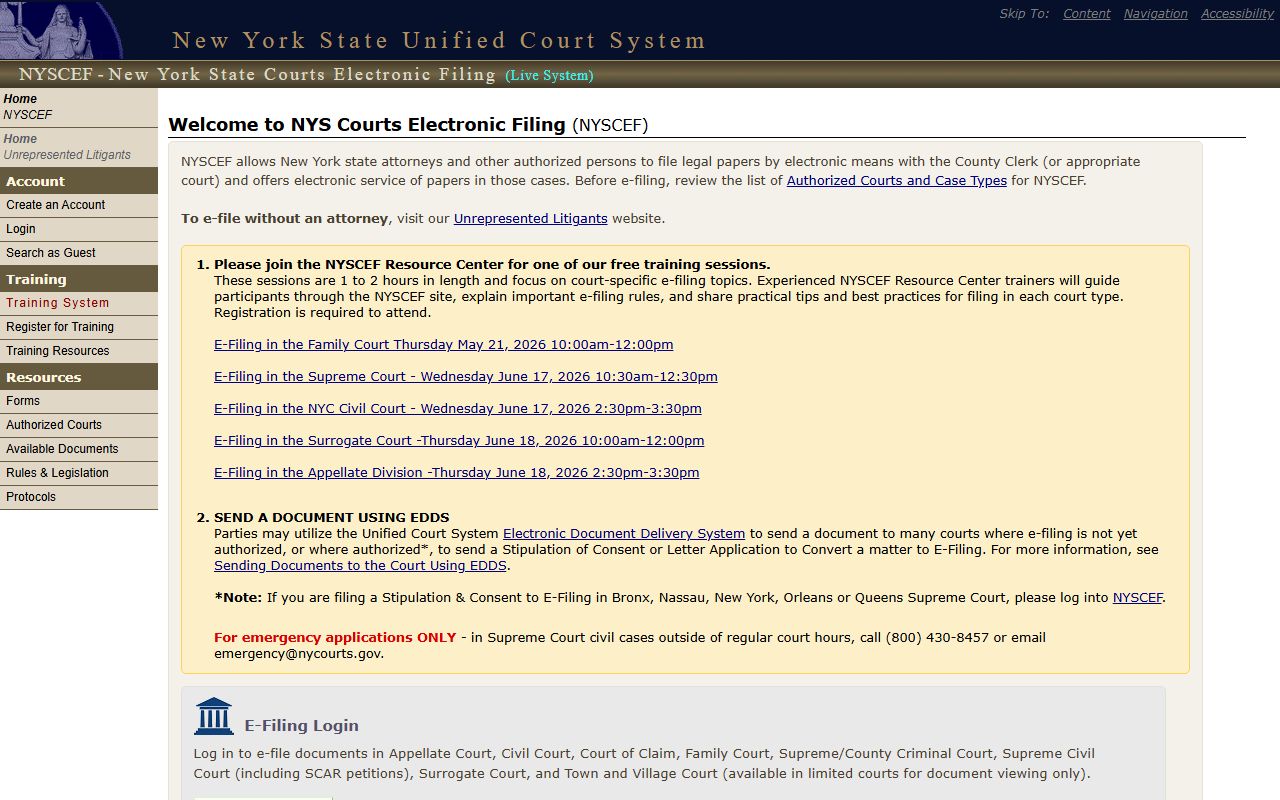 New York State Courts Electronic Filing NYSCEF homepage for Erie County court dockets