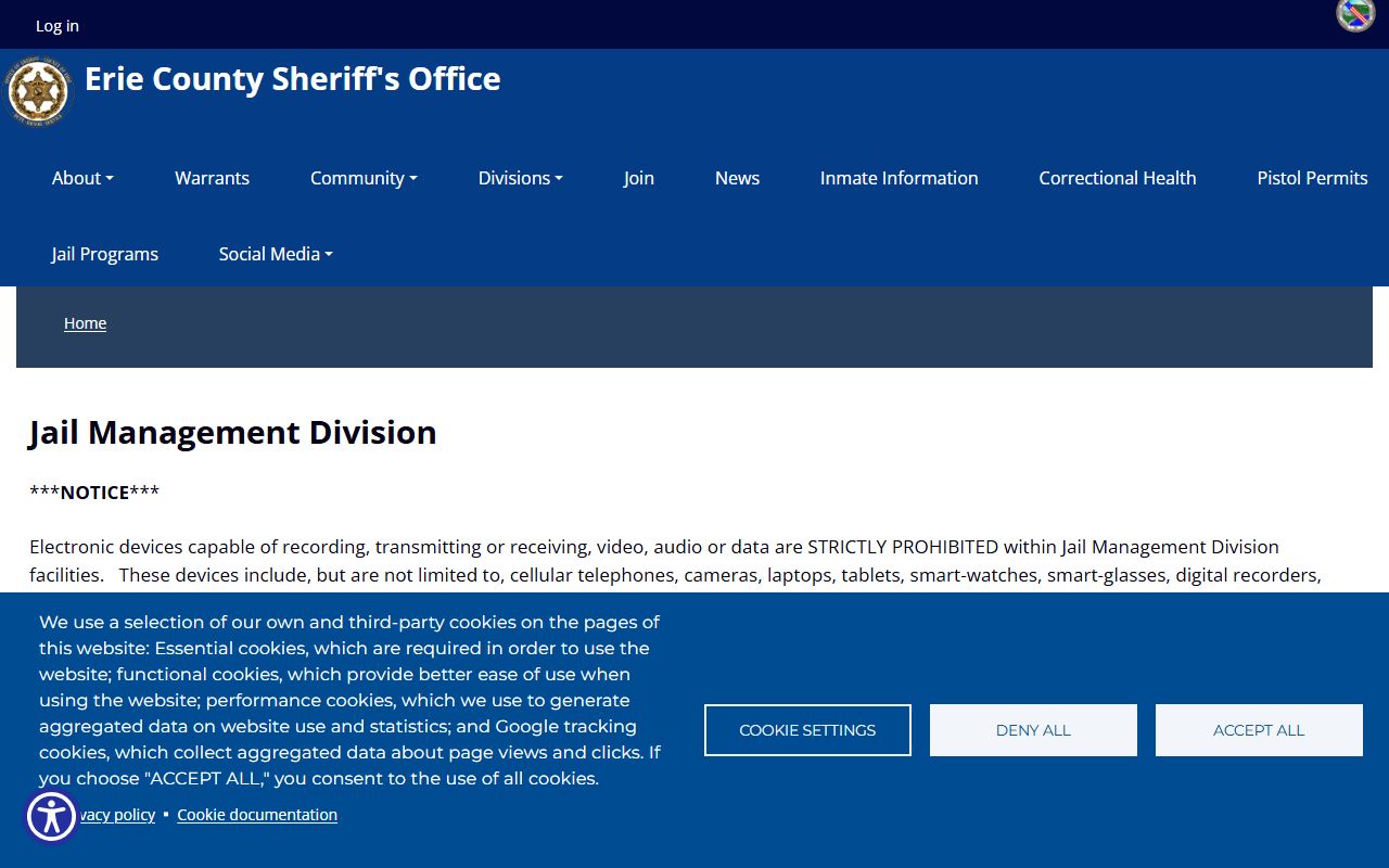 Erie County Jail Management Division page with visitation schedules for Erie County inmates