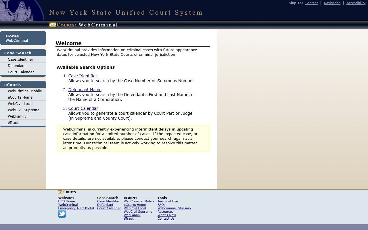 New York WebCrims public criminal case search portal for Erie County court dockets