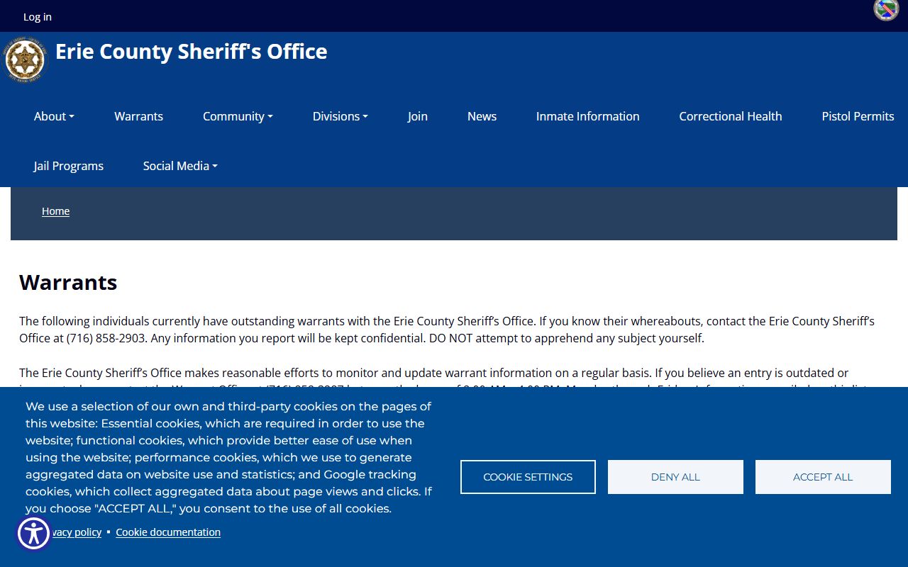 Erie County Sheriff outstanding warrants list for an Erie County warrant search