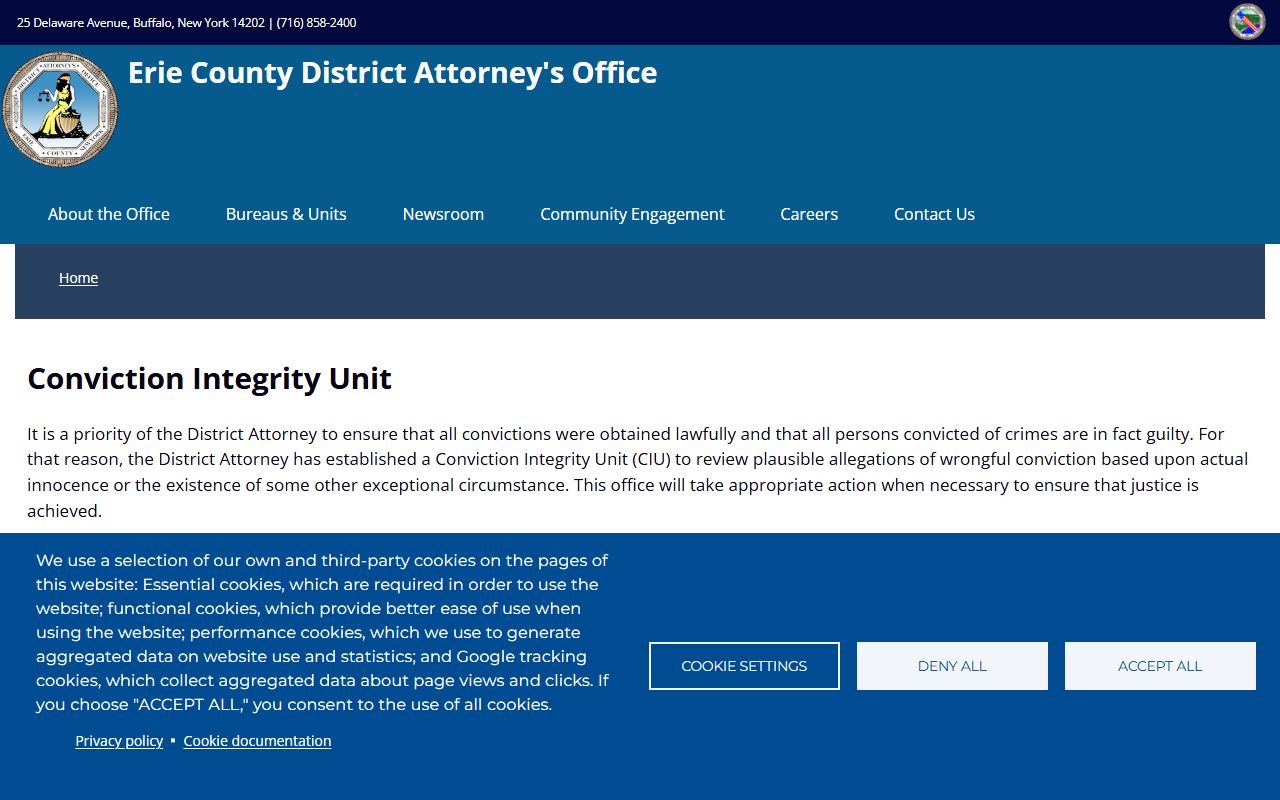 Erie County District Attorney Conviction Integrity Unit page for arrest and criminal records review